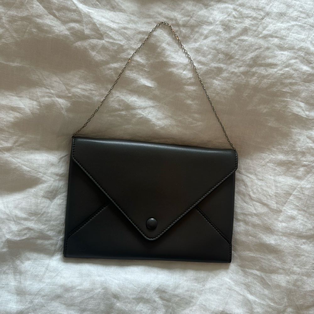 The Row envelope clutch handbag with removable chain strap. Slate grey.